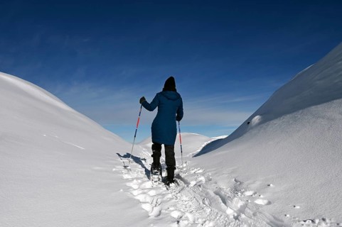 Snowshoe hiking in the Beverin nature park Park, Graubuenden, Switzerland, Europe