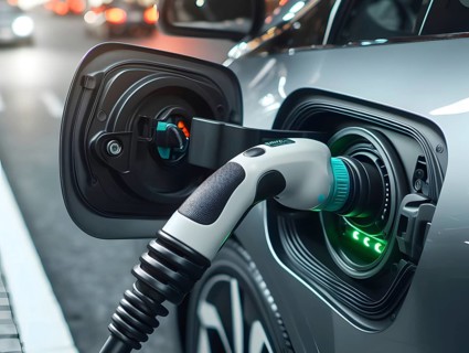 Battery operated electric car charging point plug in a city, AI generated