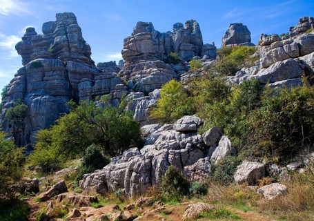 Dramatic limestone scenery of rocks shaped by erosion and weathering at El Torcal de Antequera