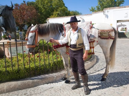 Horseman and his horse in traditional riding clothes near the bullring in Ronda, Spain, Europe