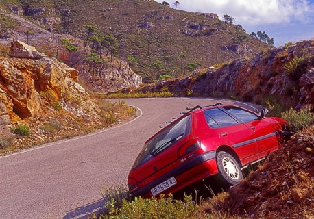 Traffic accident on road in Sierra Nevada, Granada district, Andalusia, Spain, Southern Europe,