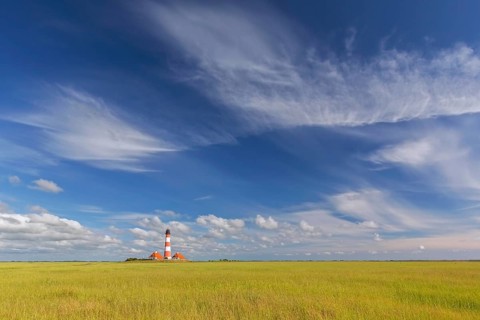 Lighthouse Westerhever, Leuchtturm Westerheversand in summer, Wadden Sea National Park, North
