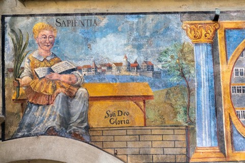 Stein am Rhein, historic old town, mural painting, Sapientia the wisdom, Latin inscription, Soli