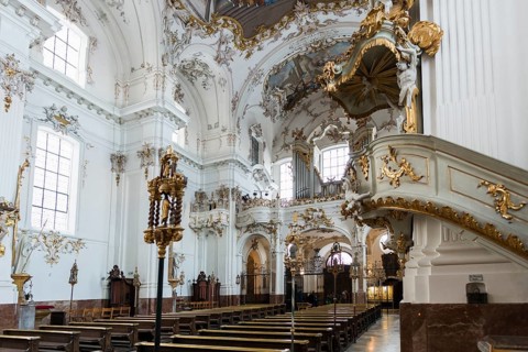 Baroque church, interior view, Marienmuenster, Diessen, Ammersee, Fuenfseenland, Pfaffenwinkel,