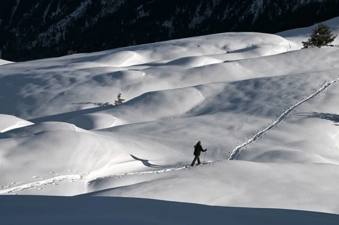 Snowshoe hiking in the Beverin nature park Park, Graubuenden, Switzerland, Europe