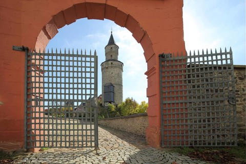 View through archway and metal lattice to witch tower from castle, through, landmark, Idstein,