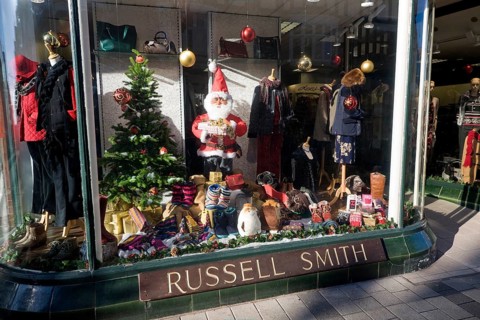 Father Christmas window display Russell Smith shop, Felixstowe, Suffolk, England, United Kingdom,