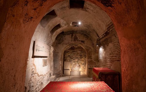 Interior view of the crypt, remains of the Roman baths, Hagios Demetrios church, also known as
