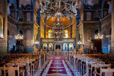 Interior view of Hagia Sofia church, also known as Agia Sofia, altar, chandelier, Thessaloniki,