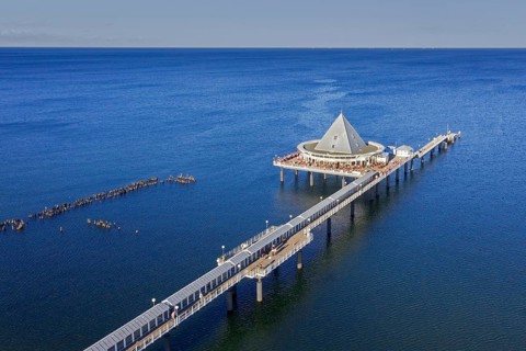 Heringsdorf Pier, Seebruecke Heringsdorf stretching out into the Baltic Sea on the island of
