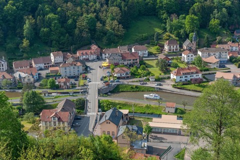 View from the ruins of Luetzelbourg to the village of Lutzelbourg with the Rhine-Marne Canal,