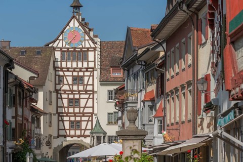 Stein am Rhein, historic old town, town gate, half-timbered house, tower clock, bell tower, Canton