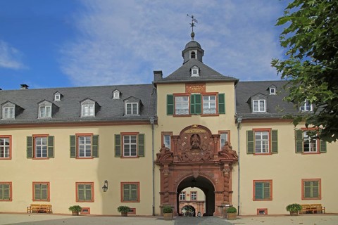 Inner courtyard with entrance and portal with decorations, gate, baroque, spire, castle, Bad