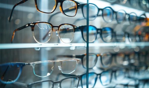Row of eyeglasses displayed on transparent shelves in an optical store AI generated
