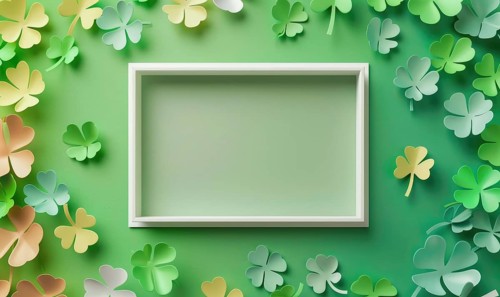 An empty green framed center surrounded by paper cut shamrocks on a green backdrop AI generated