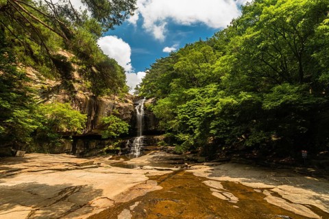 A majestic waterfall cascading down into a natural pool surrounded by rock formations and trees, in