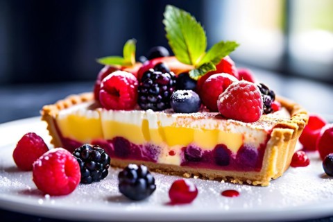 Colorful fruit tart featuring gluten free almond flour crust vegan pastry cream fresh berry toppin,