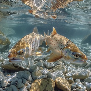 Salmon (Salmo salar) on the migration and swim up a stream in shallow, clear water, ai generiert,