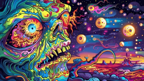 Trippy psychedelic portrait with vibrant colors and surreal space elements, ai generated, AI