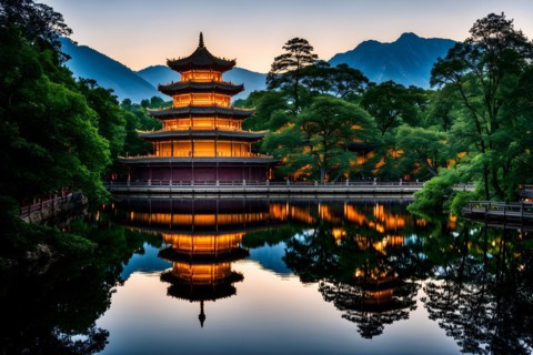 Shaolin temple mirrored perfectly in undisturbed waters, AI generated