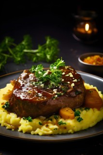 Veal shanks slow cooked osso buco style garnished with gremolata alongside creamy saffron risotto,