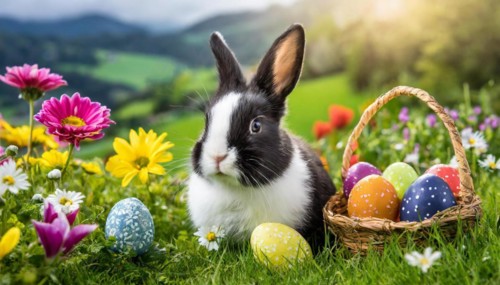 Ai generated, An Easter basket with coloured eggs in a meadow with colourful flowers, in the basket