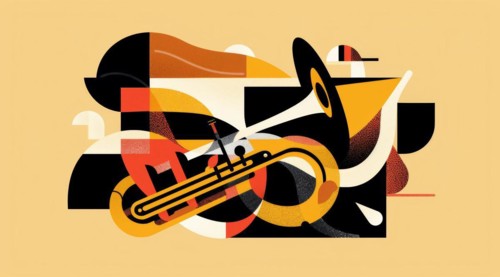 Simplified and modern abstract design of a trumpet with beige and black shapes, ai generated, AI