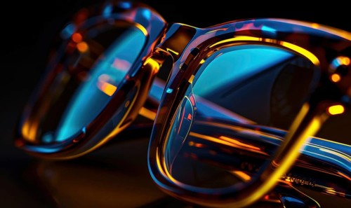 Close-up of modern eyeglasses with a blue reflective tint against a dark background AI generated