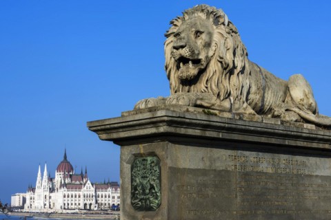 Lion of the Chain Bridge with the Parliament, travel, city trip, tourism, Eastern Europe,