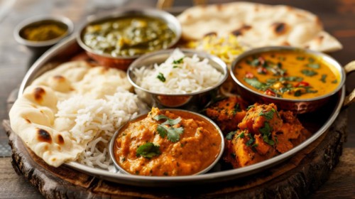 A thali with creamy curries, naan, and rice garnished with cilantro on a rustic table, ai