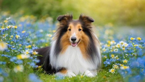 AI generated, A long-haired collie lies in a colourful meadow of flowers