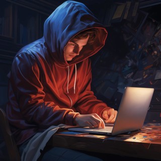 Illustration, teenager with hoodie in gloomy surroundings sitting at a laptop, symbolic image for