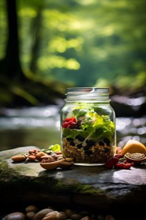 Mason jar salad featuring layers of quinoa mixed greens nuts and dried fruits, AI generated