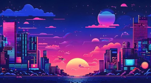 Website header blending retro pixel style elements and modern graphics pixelated icons, AI