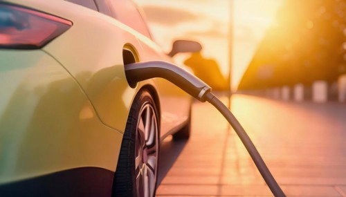 Electric car charging battery at the station. Beautiful golden sunset light. AI generated art