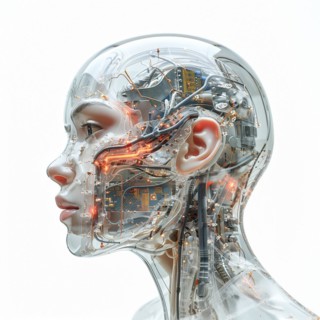 Medical a human head with brain and computer chip, symbol image KI in the human brain, ai