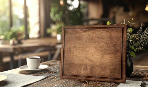 An empty menu frame on a cafe table alongside a coffee cup in morning light AI generated