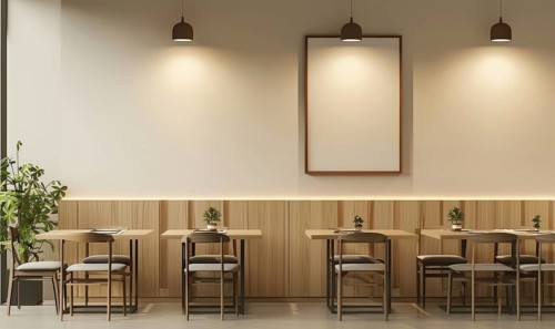 Cozy cafe with warm lighting, pendant lights, wooden furniture, and framed artwork on the wall AI