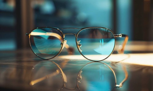 Aviator sunglasses reflecting blue tones on a glossy surface AI generated