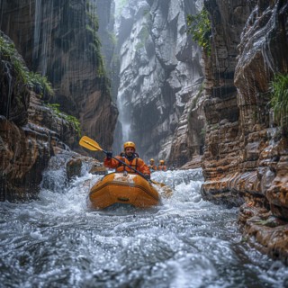 Whitewater riders ride boats through rapids, AI generated