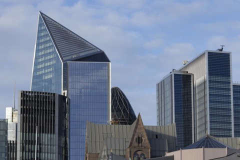 The Gherkin skyscraper building and nearby high rise office buildings, City of London, England,