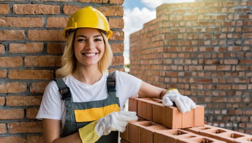 AI generated, A female bricklayer inspects a brick wall, 30, 35, years