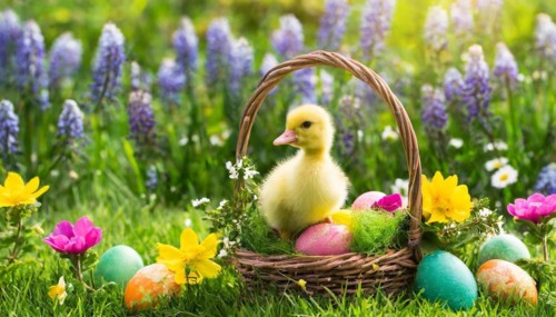 Ai generated, An Easter basket with coloured eggs in a meadow with colourful flowers, in the basket