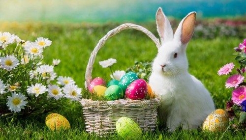 Ai generated, An Easter basket with coloured eggs in a meadow with colourful flowers, in the basket