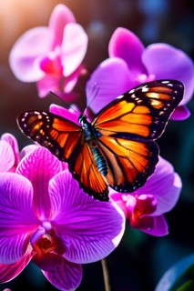 Butterfly alighting on a vivid orchid epitome, AI generated