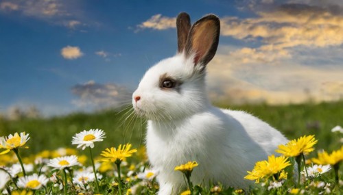 KI generated, A white dwarf rabbit in a meadow with white and yellow flowers, spring, side view,