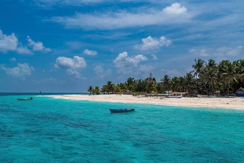 Palm fringed white sand beach, Agatti Island, Lakshadweep archipelago, Union territory of India