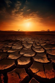 Barren field featuring cracked earth under a merciless scorching sun, AI generated