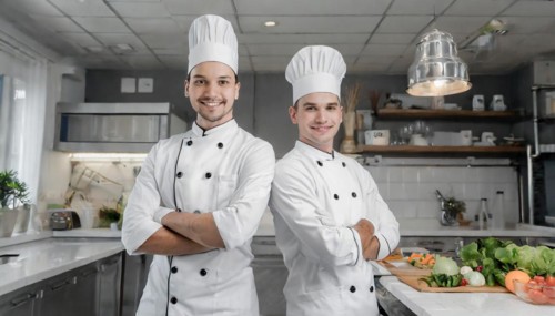 AI generated, Two attractive chefs in the kitchen of a hotel