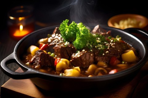 Steaming hot pieces of Gaisburger Marsch beef mixed with spaetzle and vegetables, AI generated, AI